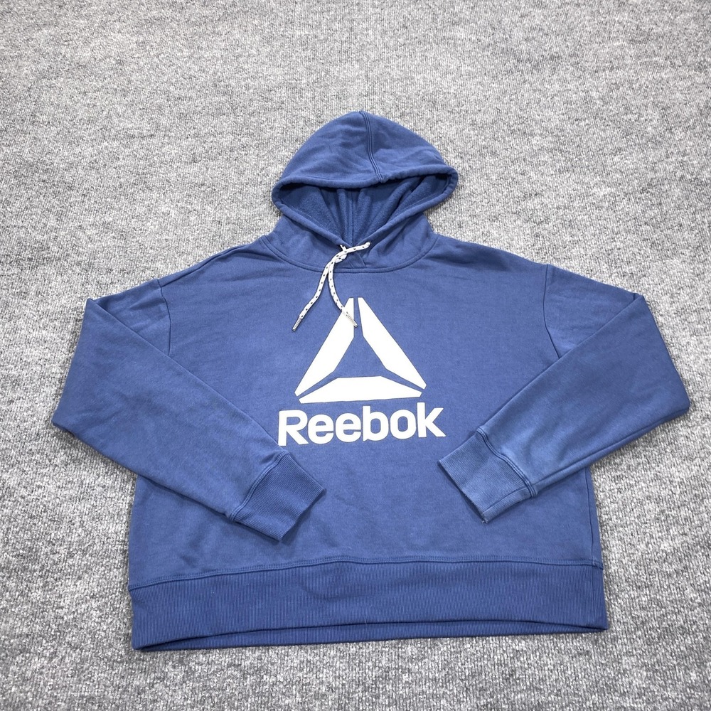 Reebok Hoodie Mens Medium Blue Pullover Fleece Graphic Logo Drawstring Hooded
